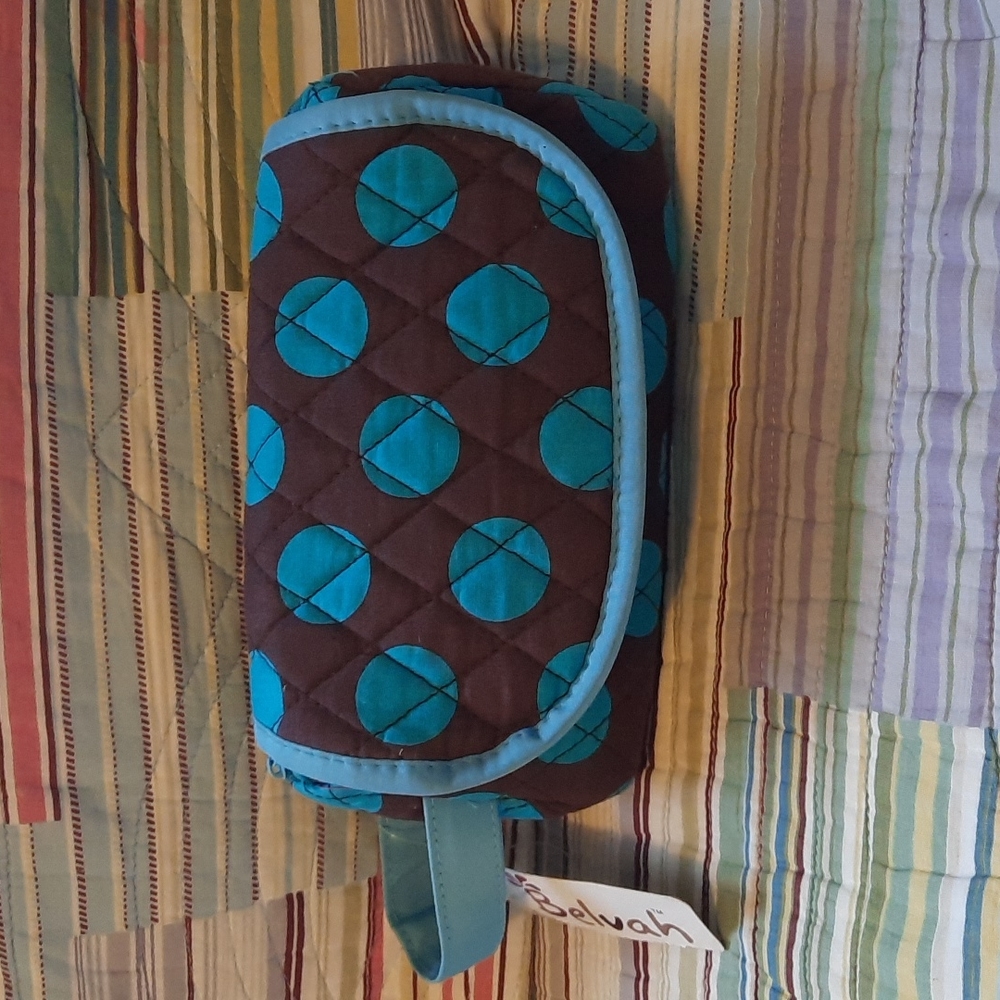 Quilted Fabric Cosmetic Bag Travel Organizer Polk-A-Dot Turquoise Blue Brown